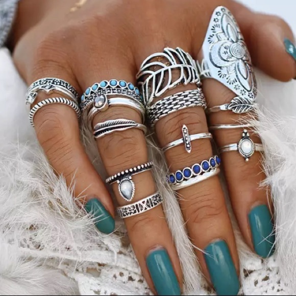Jewelry - 17PC Vintage Boho silver & turquoise ring …